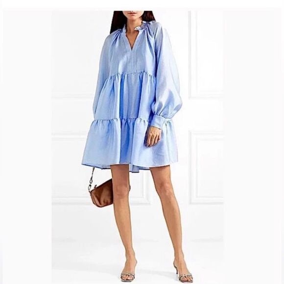Stine Goya Jasmine Mini Dress Light Blue Tiered Trapeze Shift Taffeta V-Neck S - Picture 3 of 11